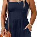 Eytino Plus Size Jumpsuits for Women Loose Summer Smocked Square Neck Sleeveless Short Rompers with Pockets(1X-5X) (2X, Blue)
