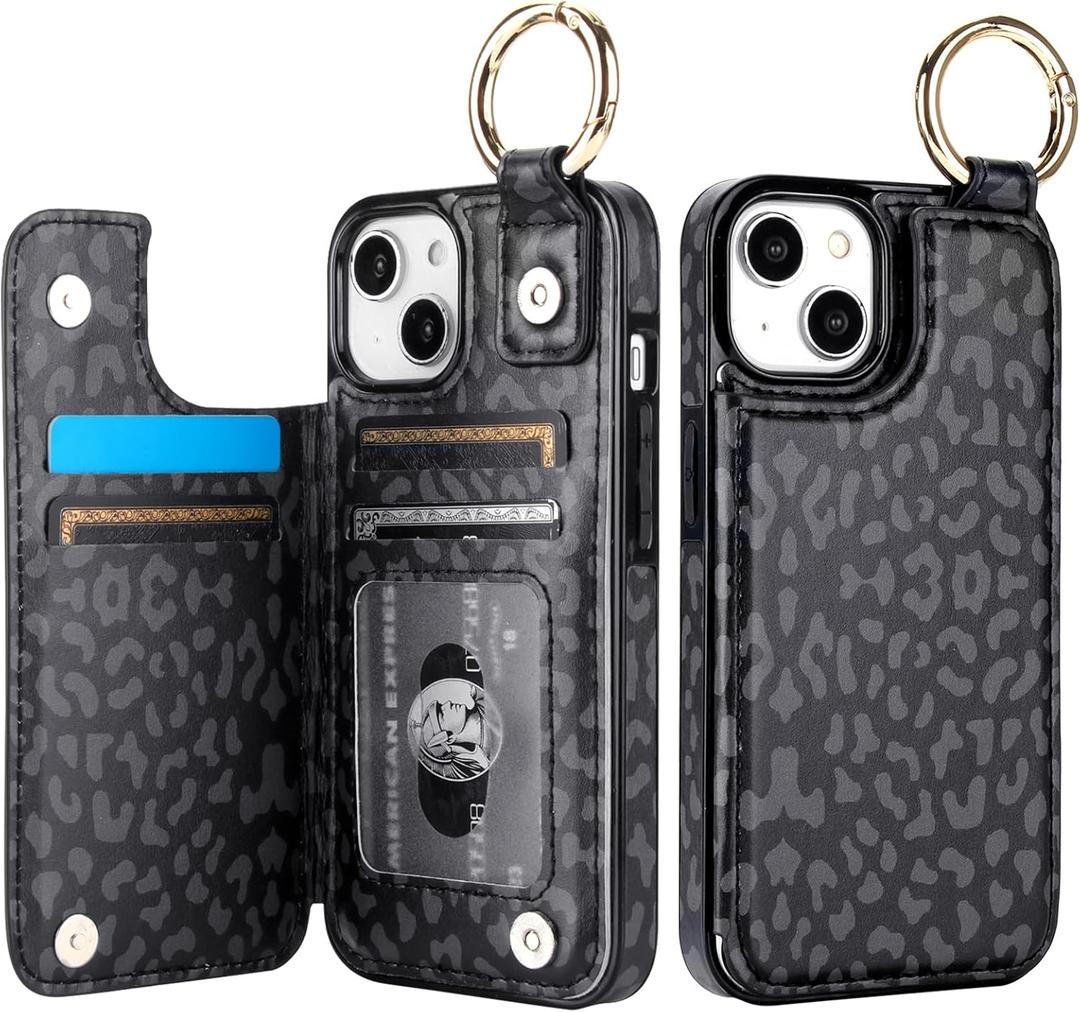 HAOPINSH for iPhone 13 iPhone 14 Wallet Case with Card Holder, Black Leopard Cheetah Print Back Flip Folio PU Leather Kickstand Card Slots Case, Finger Grip Ring Double Magnetic Clasp 6.1"