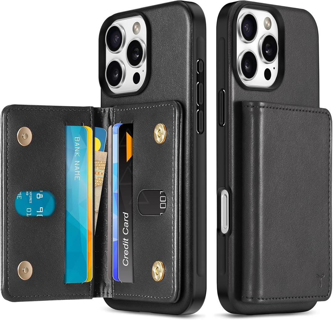 TUCCH PU Leather Case for iPhone 16 Pro Max, Undetachable Wallet Case with [6 Card Holders] [RFID Blocking] Magnetic Closure Anti-Slip Shockproof Protective Phone Cover for iPhone 16 Pro Max, Black