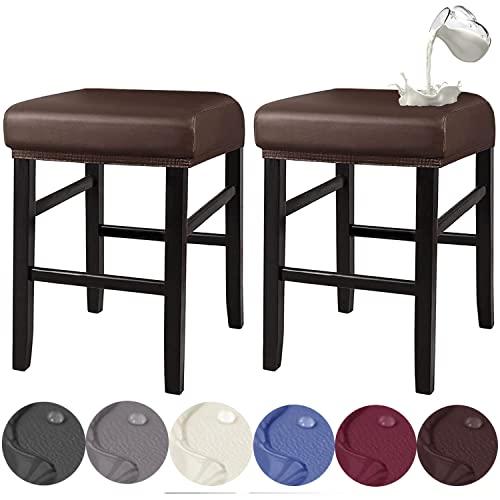 HFCNMY Stool Covers Rectangle, Stretch Waterproof PU Rectangle Bar Stool Covers Vanity Stool Cover Washable Counter Stool Covers Saddle Seat Cover with Elastic Bands(2 Pack, Coffee)