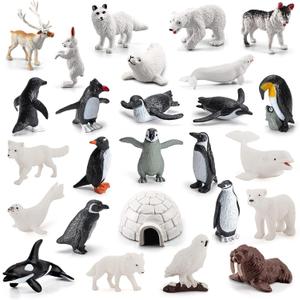 26Pcs Arctic Animal Figures - Polar Animal Toys Figurines with Penguins Arctic Fox Wolf Polar Bear Reindeer - Miniature Toys Cake Topper Christmas Birthday Gift for Kids & Toddlers