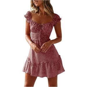 Womens Summer Sexy Sweetheart Collar Printed Ruffle Mini Dress Floral Tie Front Boho Casual Valphsio Short Sundress (Large, Pink)