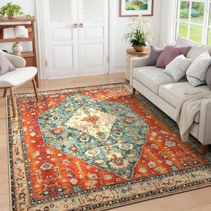Lahome Boho Tribal Square 8x8 Area Rug, Washable Rugs for Living Room Soft Carpet for Bedroom, Oriental Distressed Indoor Stain Resistant Non-Shedding Floor Carpets for Dining Room Office Playroom