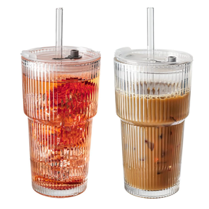 SUROQUE 20oz Ribbed Glass Tumblers with Lids & Straws, Ideal for Iced Coffee, Cocktails & More  Includes Cleaning Brush