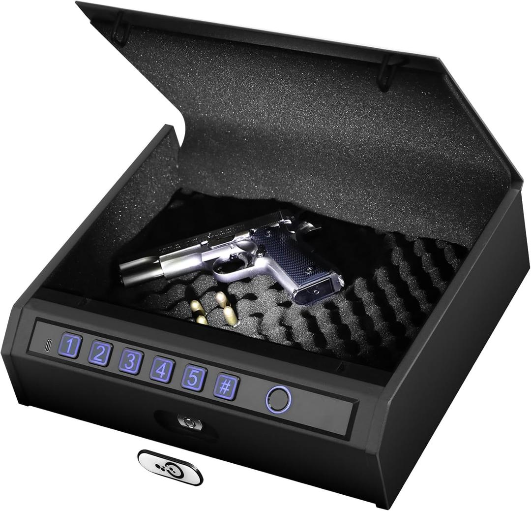 Biometric Gun Safe for Handgun Quick Access Fingerprint Pistol Safe with Keypad Silent Mode Holds 2 Pistols - Home, Car, Nightstand Gun Lock Box with LED Light & Steel Cable (Large)