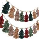 Breling 2 Pcs Christmas Boho Tassel Garland with Wood Beads 60 Inch Rustic Hanging Decor in Neutral Earth Tones Holiday Banner Woodland Office Fireplace Mantel Wall Christmas Decoration Indoor Outdoor