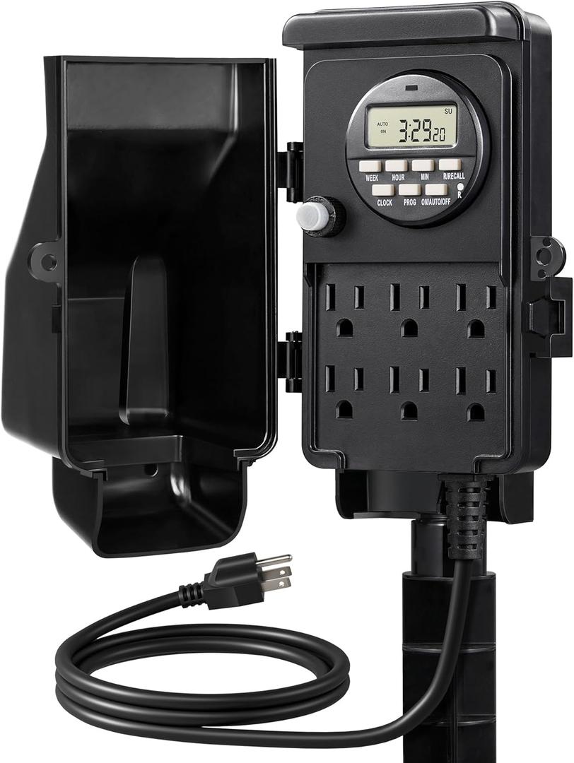 DEWENWILS Outdoor Digital Power Strip Timer, Multi Sockets, Waterproof 6 Outlets Garden Power Stake, 6ft Cord, Outdoor Timer for Christmas Lights, Yard, Garden, 15A Heavy Duty