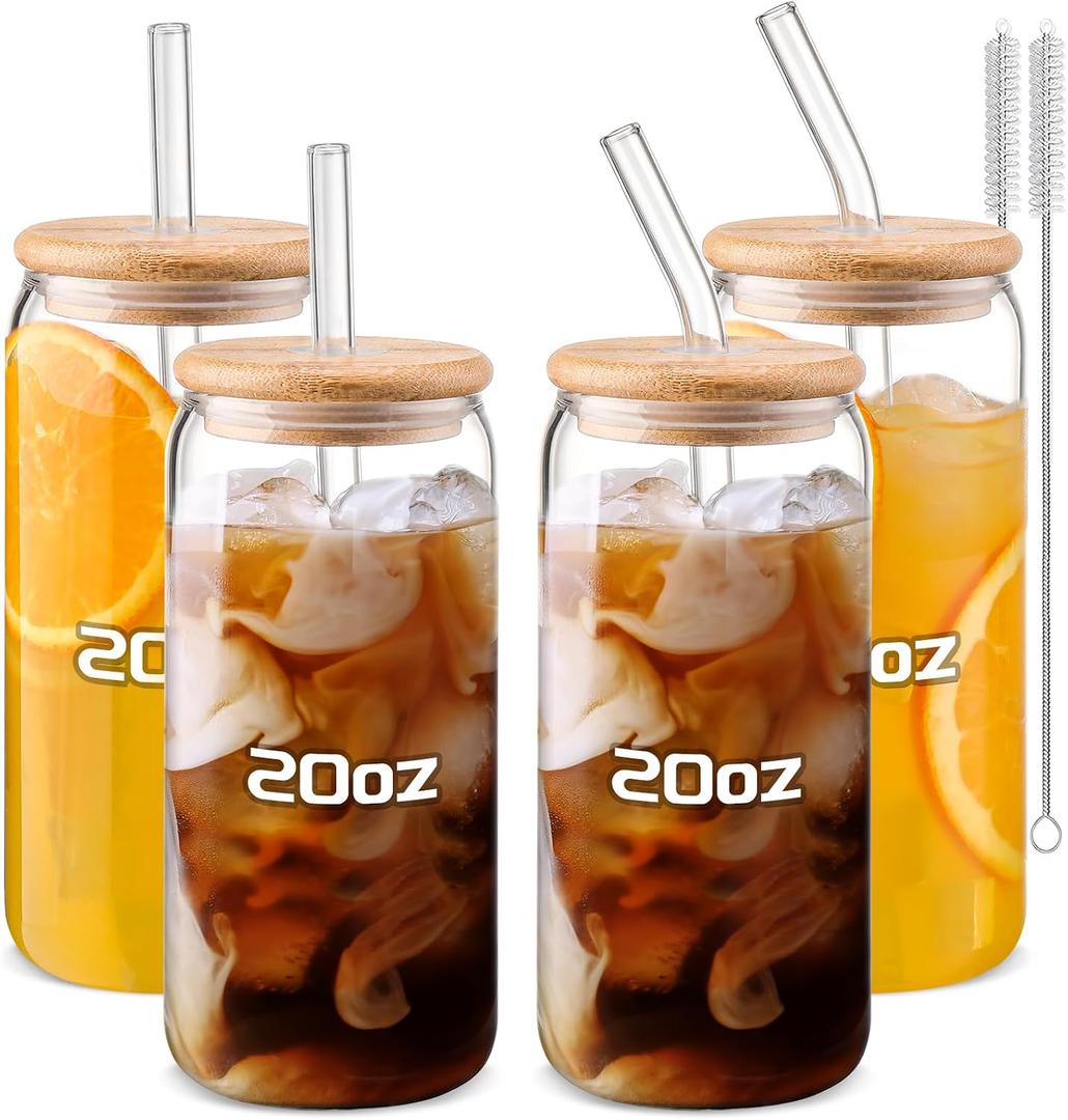 DWTS DANWEITESI Glass Cups 20oz,Glass Cups with Lids and Straws 4 pcs-Coffee Cups,Drinking Glasses Set,Glass Tumbler with Straw and Lid Gift 2 Cleaning Brushes