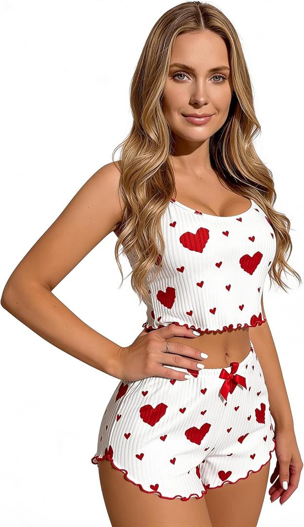 Red Heart Print Pajama Set for Women — Ribbed Stretch Cami Top and Shorts, Cute Soft Loungewear Sleepwear (Red, XL)
