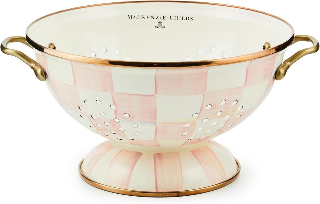 MACKENZIE-CHILDS Enamel Colander, Decorative Kitchen Strainer, Large, Pink-and-White Rosy Check (Large, Rosy Check)