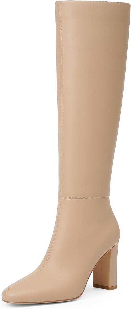 Modatope Knee High Boots for Women Chunky Heel Rounded Toe Womens Tall Boots (Beige)