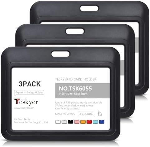 Teskyer 3 Pack Sliding ID Badge Holder, Heavy Duty Plastic ID Card Protector Case for Office School Badge Credit Cards Proximity Cards Driver’s Licenses and Passes, Horizontal Black