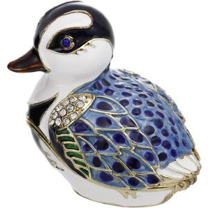 Hand Painted Enamel Duck Trinket Box for Home Decor, Hinged Jewelry Organizer for Ring Earrings, Unique Figurine Keepsake Collectible Personalized Elegant Handmade Ornament Gifts (Blue Cartoon Duck)