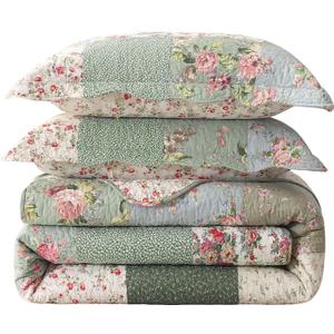 vctops Boho Patchwork Cotton Quilted Bedspread Quilt Set King Size 3 Pieces Soft Reversible Lightweight Coverlet Set Floral Print 1 Quilt and 2 Pillow Shams (Green D,King)