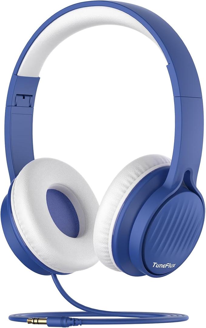 TuneFlux Upgraded Kids Headphones, Wired Toddler Headsets, 85dB Limited Volume On Ear Headphones, Portable Foldable Design, Stereo Sound Kids Headsets for School/Tablet/Travel-Sapphire Blue