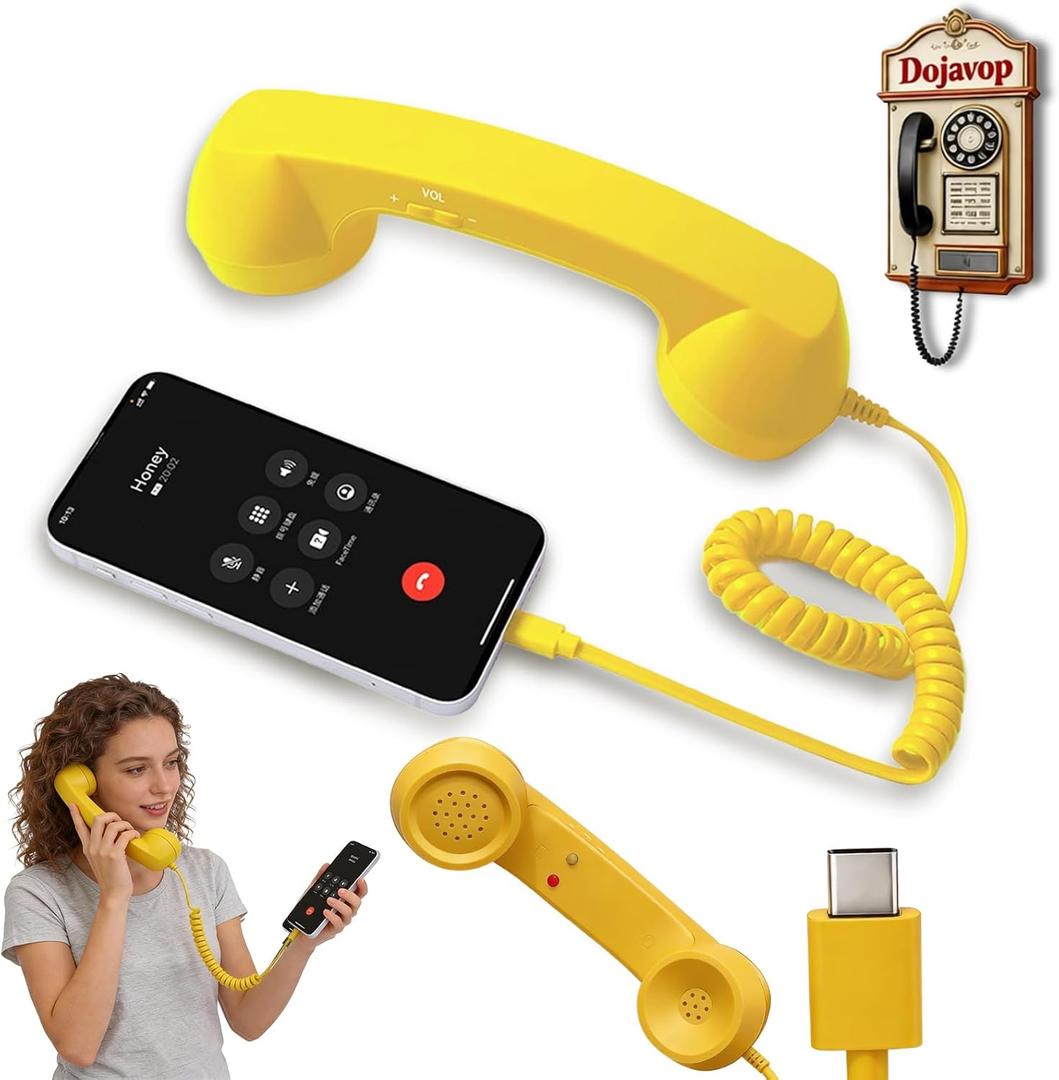 Retro Phone Handset Home Decor Aesthetic for iPhone Landline Rotary Phone for Home Pop Corded Telephone Handset for Cell Phones Connect to House Old School Vintage Telephone Receiver (Yellow)