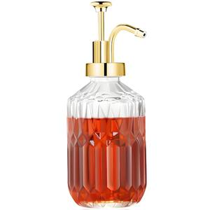 TIWPAJS Glass Coffee Syrup Dispenser 13.5oz, Syrup Bottles with Luxurious Diamond Texture, Gold Syrup Pump, Coffee Bar Accessories, Kitchen Decoration