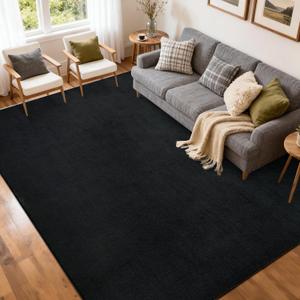 FinRec 5x7 Washable Area Rugs for Bedroom Living Room, Low Pile Thin Rug Solid Color, Non-Slip Carpet Indoor for Home Decor (Pure Black)