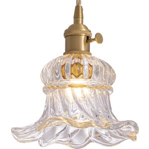 ZAUKNYA Pendant Lights Kitchen Island, White Transparent Flower Glass Pendant Lighting, Gold Brass Vintage Adjustable Small Hanging Light Fixture for Kitchen Island Dining Room Bedroom Hallway