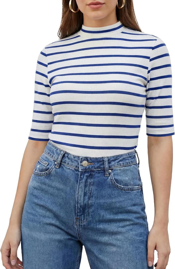Zengjo Womens Striped Shirt Mock Neck Elbow Length Slim Fitted Short Sleeve Ribbed Turtleneck Tops (Large, White Blue Striped)