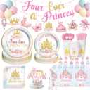 Four Ever A Princess Birthday Decorations, 193 PCs Princess Party Decoration Tableware Supplies with Balloons, Banners, Cake Toppers, Tablecloths, Plates, Cups, Straws, Forks & Hanging Swirls