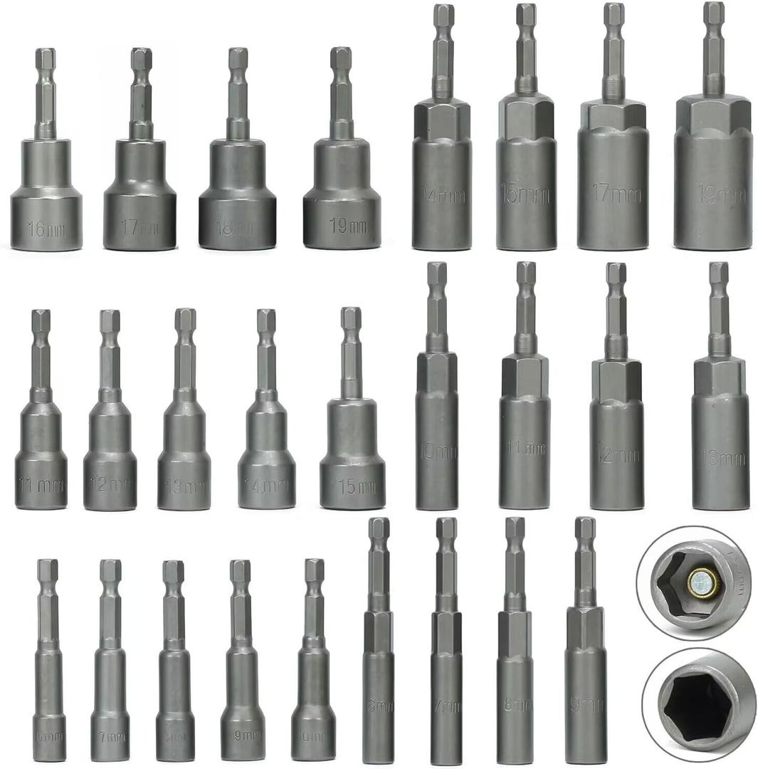 26Pcs Metric Deep and Magnetic Impact Nut Driver Set, 6mm to 19mm 1/4 inch Drill Bit Hex Socket Set, Impact Driver Nut Runner Setter, Deep Reach for Long Bolts, No Dropping Nuts Removal Tool