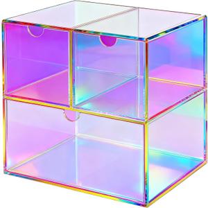 Gelite Desk Organizer with 3 Storage Drawers for Makeup Office Acrylic Desktop Drawer Organizer for Vanity Office Organization and Storage Box, Iridescent