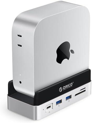 ORICO MiniDock and Stand Compatibility with Mac mini M4, 10-in-1 Aluminum Hub with M.2 SSD Enclosure, 10Gbps USB-C & USB-A, 4K HDMI, Gigabit Ethernet, SD/TF Card Readers