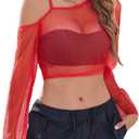 Avidlove Mesh Crop Tops for Women Long Sleeve Fishnet Shirt See Through Tops Rave Outfits Party Clubwear (Red)