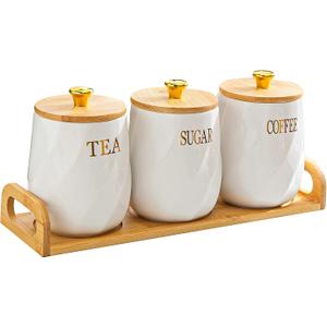 Ceramic Canister Set of 3 for Sugar Coffee Tea with Tray, White Airtight Food Storage Jars with Wood Lids, Kitchen Counter Storage Containers - 23oz