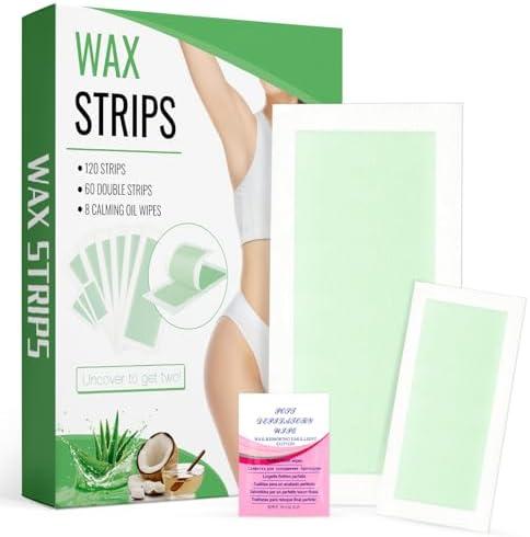 120 Strips Wax Strips Body Hair Removal 2 Sizes and 8 Oil Wipes Waxing Strip Dual Sides Bikini Brazilian Wax for Women Men Face Arms Legs BackUnderarm Waxing Kit Suit Many Skin Aloe Scent