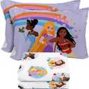 Sunny Side Up Disney Princess Full Sheet Set - 4 Piece Kids Bedding Set Includes Pillow Cover - Super Soft Rainbow Microfiber Sheets Moana, Belle & Rapunzel
