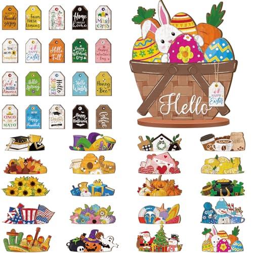 Anglechic 42 Pcs Small Interchangeable Easter Flower Basket Decor Holiday Seasonal Wooden Sign Rustic Farmhouse DIY Hanging Drop Spring Home Office Desk Accessories Tiered Tray Decorations Gift