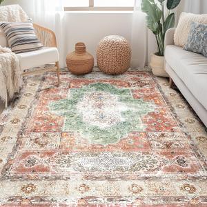 BESTSWEETIE 6x9 Area Rugs Machine Washable No Pile Non Slip Vintage Rugs for Living Room & Bedroom & Dinning Room Bohemian Distressed Carpet Indoor, Brick