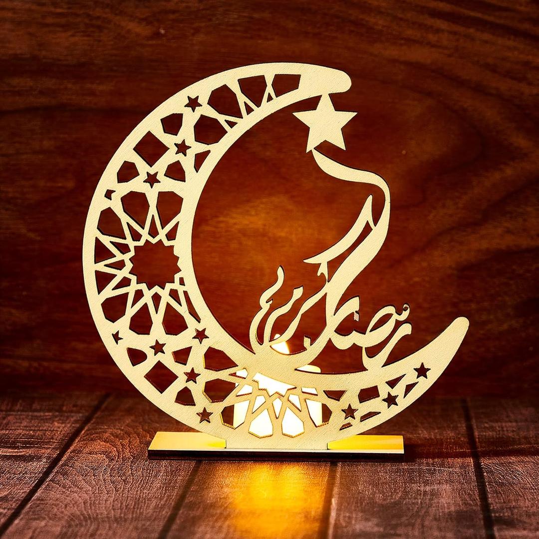 Honoson Eid Crafts Night Light Ramadan Mubarak Light 3D Wooden Moon Shape Decoration, Ramadan Mubarak Lamp Eid Ornaments for Muslims, Islamic Table Decor, 5.8 x 5.5 Inch(Star)