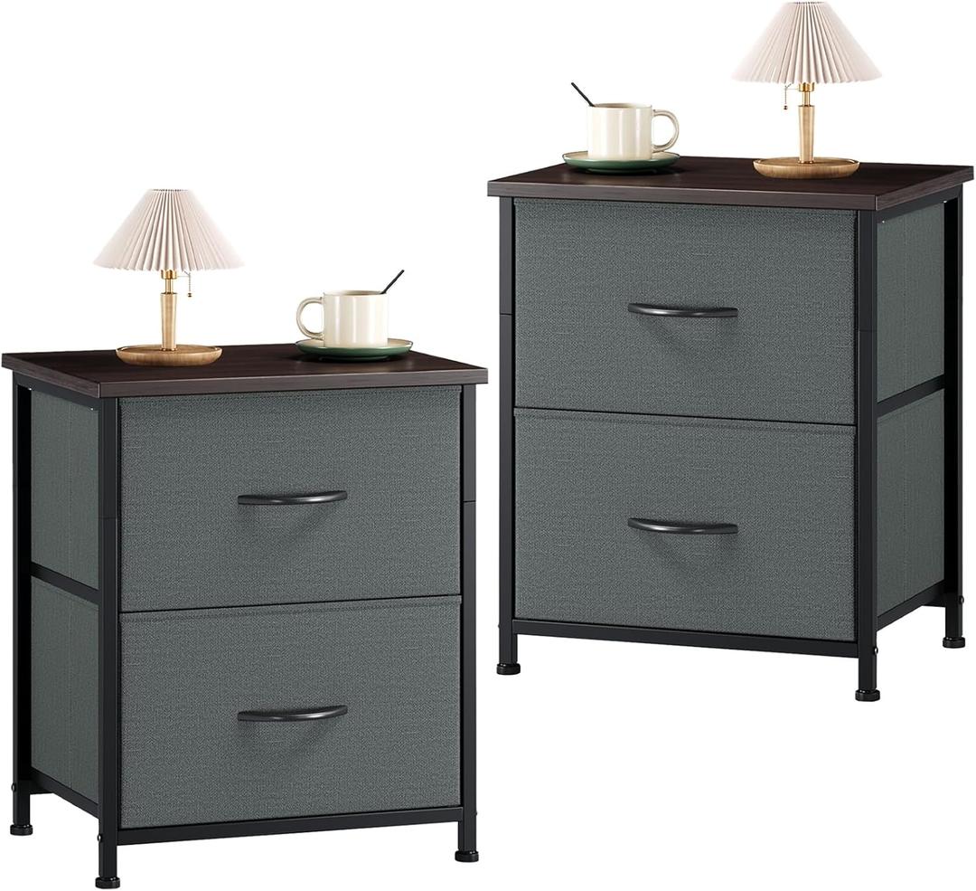 Somdot Nightstand Set of 2, Small Dresser for Bedroom with 2 Drawers, Bedside Table Night Stand End Table with Fabric Bins for Bedroom Kids Closet Dorm Guest Room, Charcoal Grey