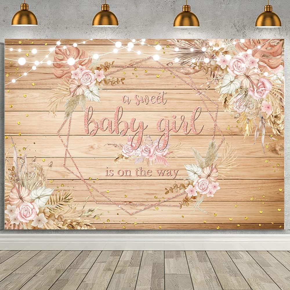MEHOFOND 7x5ft Rustic Wood Boho Baby Girl Shower Backdrop with Pink Pampas Grass Flowers