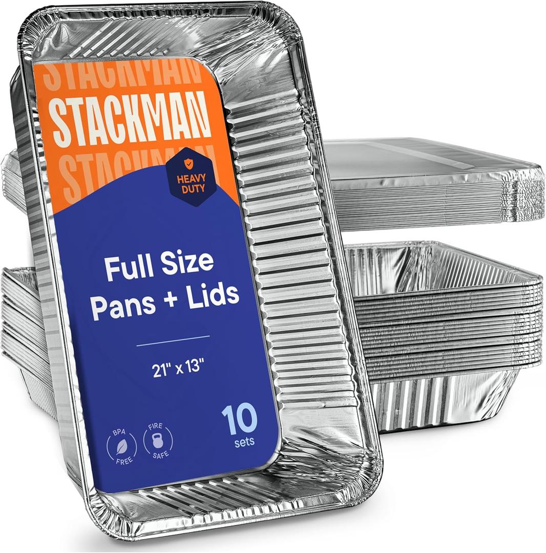 Stack Man 10-Pack Large Aluminum Steam Pans with Lids - 21x13, Heavy Duty for Roasting, Cooking, Warming Food,Silver