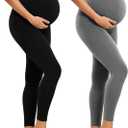 2 Pack Maternity Leggings Over The Belly Women's Pregnancy Yoga Pants High Waisted Workout Leggings (Small, Black/Grey)