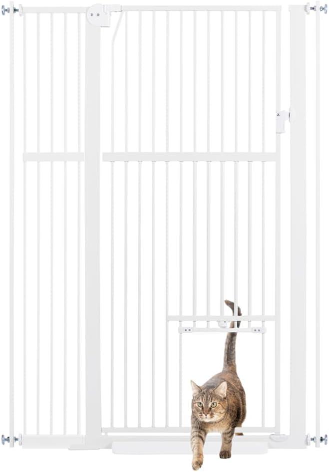 Unipaws 56" Tall White Pressure Mounted Dog Gate with Cat Door, 37-41" Wide, for Stair Doorway, Walk Through Pet Gate