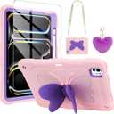 WESADN for iPad Pro 11 Inch case 2024 M4 for Kids Girls with Screen Protector Butterfly Kickstand Lanyard Keychain Pencil Holder Rugged Protective Cover for iPad Pro 11 Case 5th Generation Pink Purple