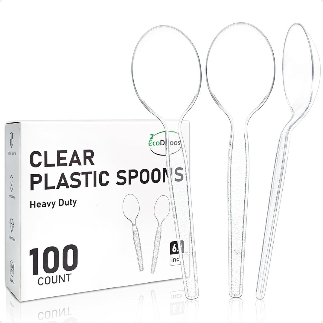 EcoDispose 100 Count Disposable Clear Plastic Spoons Heat Resistant and BPA Free, Heavy Duty Durable Disposable Cutlery for Party Event Supply