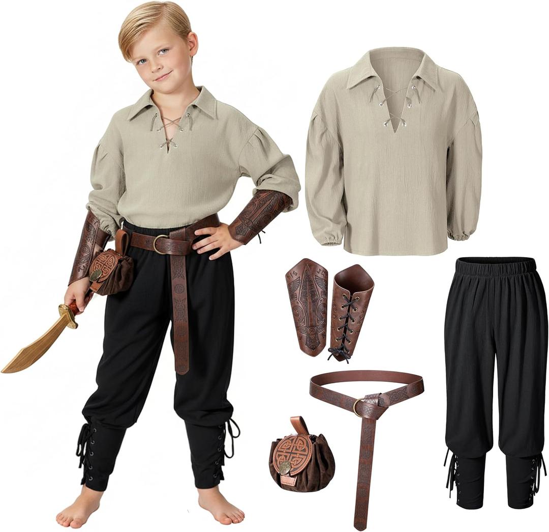 Kids Medieval Viking Pirate Renaissance Tunic Pants Accessories Costume for Boys Cosplay 3-14 Years
