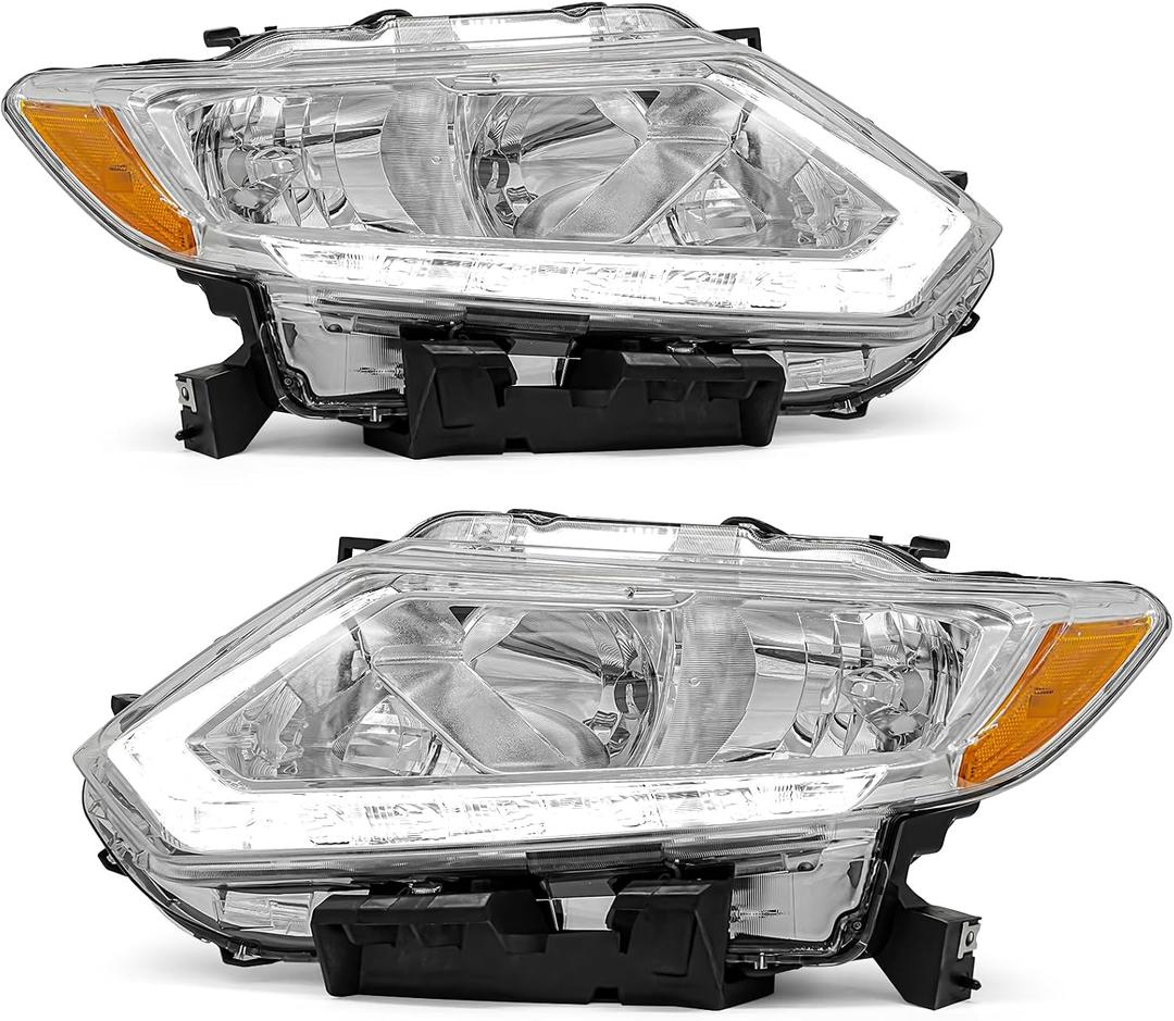 for 2014 2015 2016 Nissan Rogue Headlight Assembly with DRL Clear Lens Chrome Plated Housing Amber Reflector Driver and Passenger Side