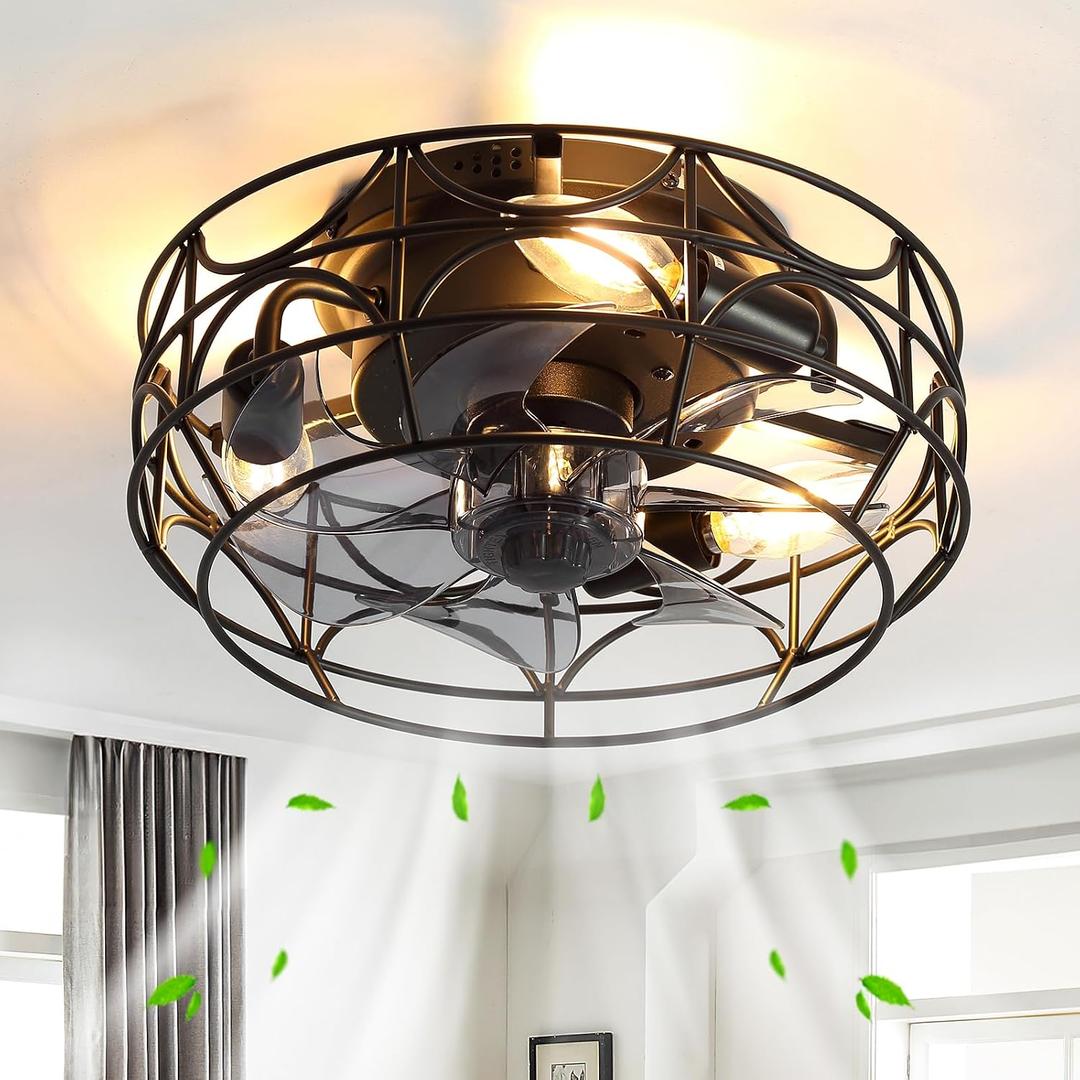 Black Caged Ceiling Fans with Lights and Remote,6 Speeds,12 inch Industrial Flush Mount Ceiling Fan with Light，Modern Bladeless Fan Lights Ceiling Fixtures for Kitchen, Bedroom,Indoor