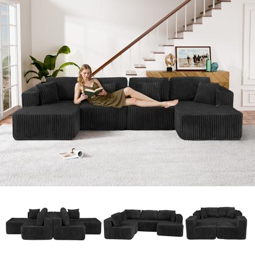 Trygoal 132" U Shaped Couch, Modular Sectional Sofa with Chaise, Corduroy U Shaped Boneless Couch with Deep Seat, Upholstered Modular Cloud Sofa for Living Room, No Assembly Required, Black