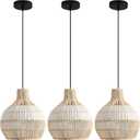 3 Pack Rattan Pendant Light Fixture Mini Hand-Woven White Rattan Chandelie,11Inch Boho Wicker Hanging Lamp for Dining Living Bedroom Kitchen Farmhouse