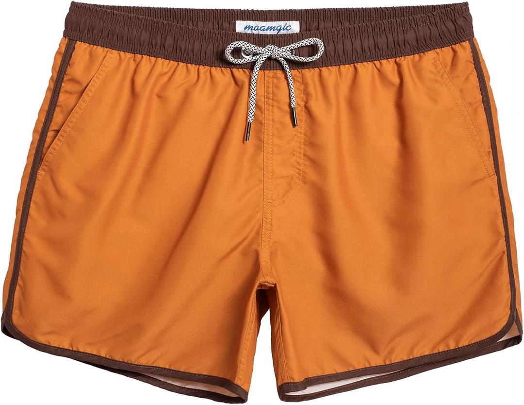 maamgic Mens Boys Short 80s 90s Vintage Swim Trunks with Mesh Lining Quick Dry Swim Suits Board Shorts (Large, Colorblock Ruddy Brown)