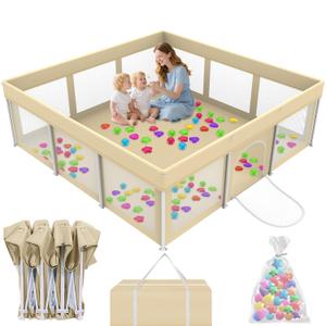 Foldable Playpen for Babies and Toddlers,71"x71" Collapsible Play Pen with 150 Ball Pit Balls, Portable Indoor & Outdoor Play Yard, Baby Fence with Carry Bag, Mat Not Include, Beige