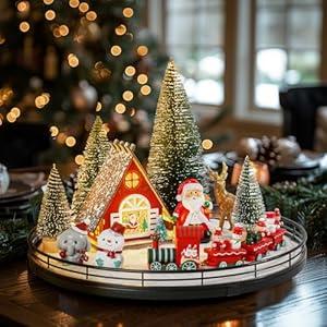 12 Pcs Christmas Table Decorations Village Sets with 13" Lazy Susan Winter Xmas Holiday Table Centerpieces Town Building Collection, Light-up House Trees Santa Snowman Indoor Decor